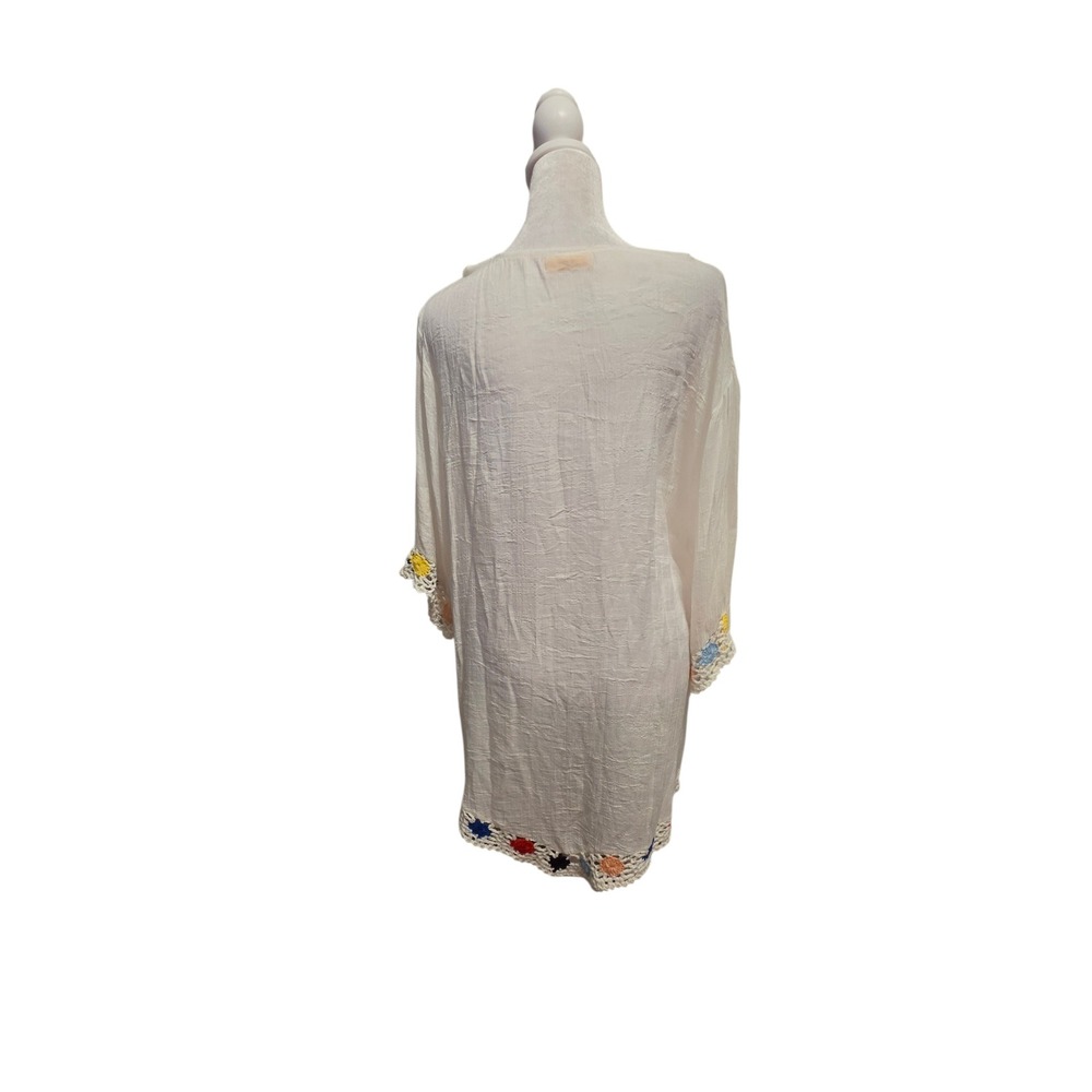 Finovas White Embroidered Butterfly Floral Tunic Top Crochet Trim Pom Pom Tassel - Picture 10 of 11